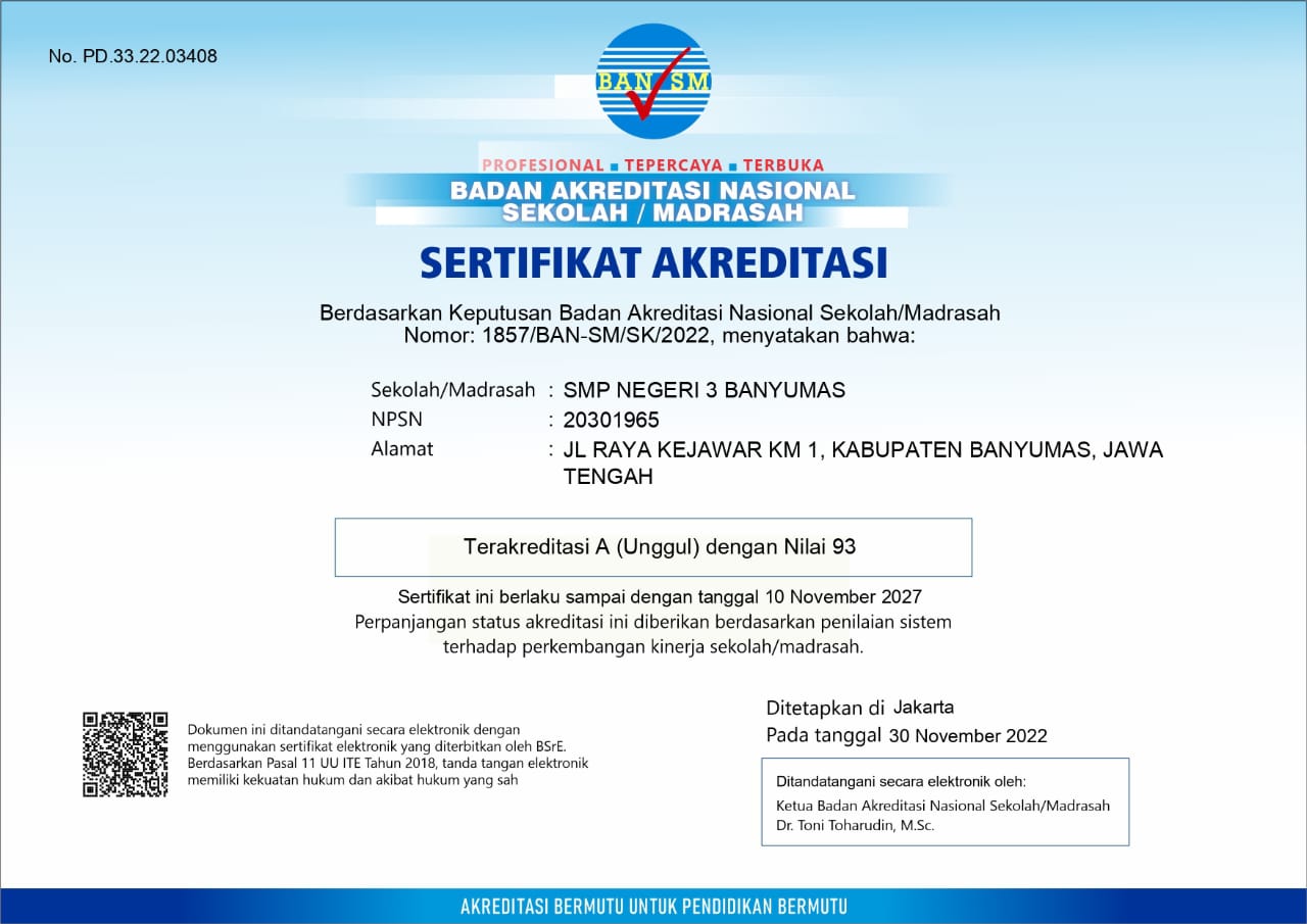 Sertifikat Akreditasi SMP Negeri 3 Banyumas